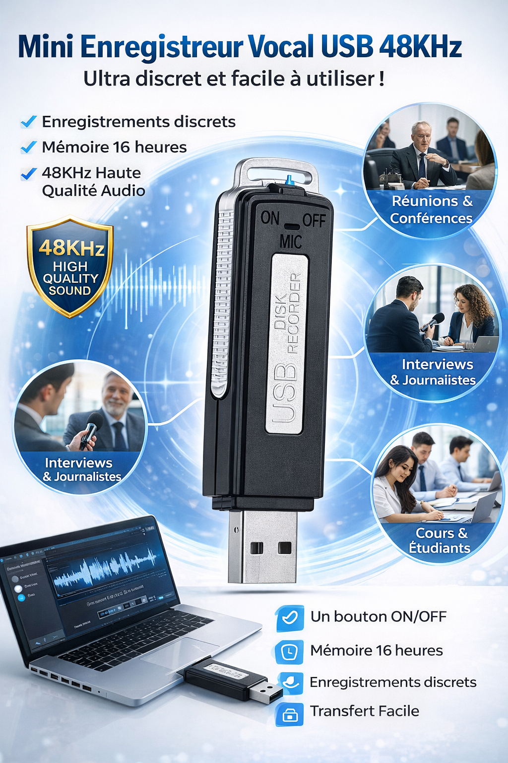 🎙️ Mini Enregistreur Vocal USB 48KHz
